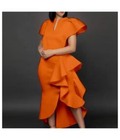 Wholesale Ruffled Trim Sleeve Asymmetrical Midi Dress SD161591