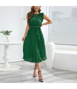 Solid Color Ruffle Sleeve Tie-Up Waist Mid-Length Elegant Pleated Dress Wholesale Dresses N5323021800029
