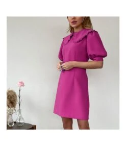 Casual Doll Neck Puff Sleeve A-Line Mini Dress High Waist Solid Color Wholesale Dresses SD58854