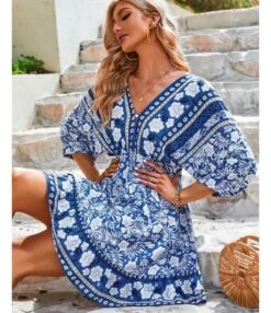 Fashion Print V Neck Swing Dress Casual Loose Backless Lace-Up Short Sleeve Wholesale Dresses -OTIS Clothing Shop 8dc6df04 d922 4213 9a82 f1f59ccc2433 8b37bd6d129a63846645818b344d283c