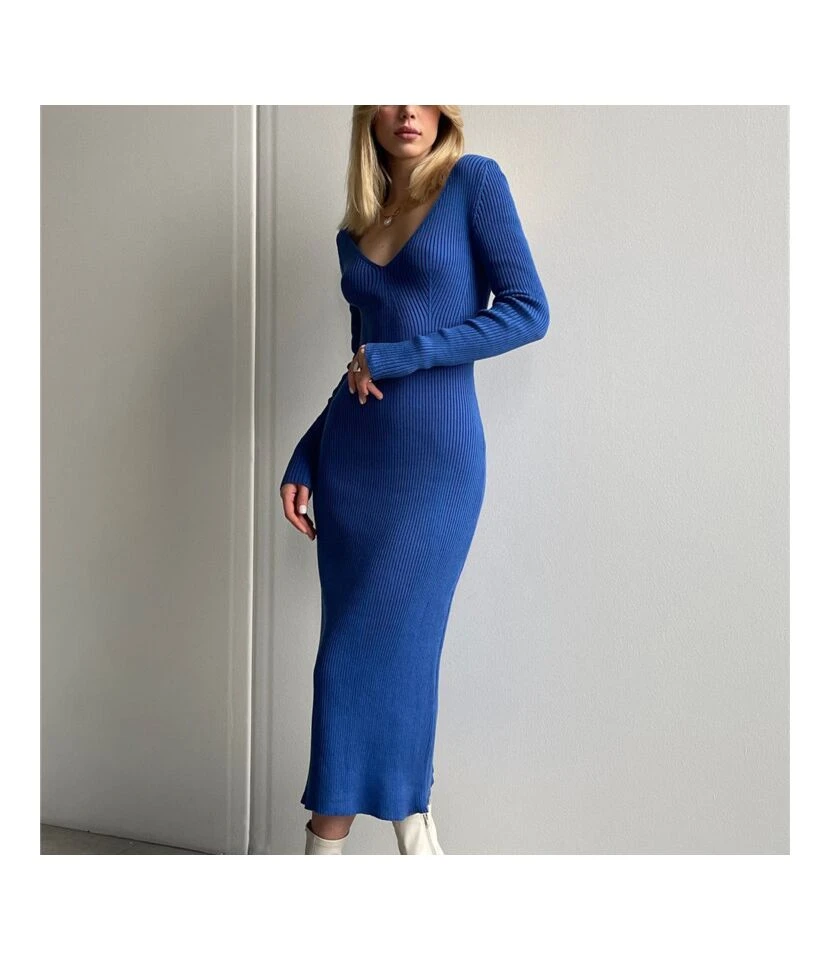 Knitted Long Sleeve Deep V Slim Solid Color Midi Dress Wholesale Dresses SDV463847 3 Knitted Long Sleeve Deep V Slim Solid Color Midi Dress Wholesale Dresses SDV463847