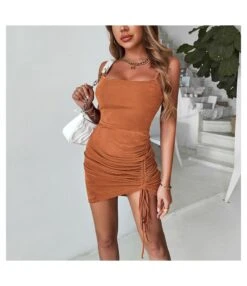 Sexy Suspender Mini Dress Solid Color Pleated Drawstring Bodycon Wholesale Dresses SDN560309