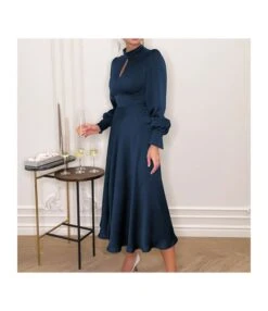 Stand Collar Long Sleeve Elegant Cutout High Waist Satin Dress Wholesale Dresses SDN535500