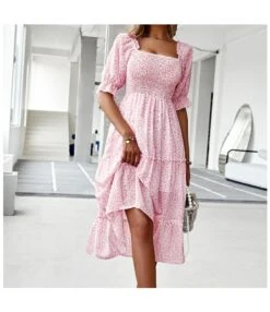 Sexy Off Shoulder Floral Midi Swing Dress High Waist Petal Sleeve Slim Vacation Wholesale Dresses SDN560630
