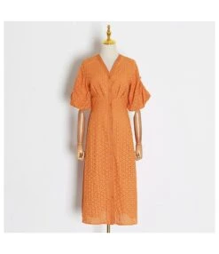 Retro Big Puff Sleeves V-Neck Hollow Embroidery Mid-Length Pleated Dress Elegant Wholesale Shirt Dresses SD531289 -OTIS Clothing Shop 9566f0ca 7526 46ed a4ed 810d23a74a4a c11148af83d102112c1b0d4ab5846a1a