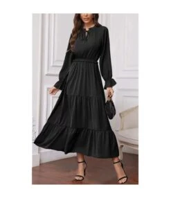 Solid Color Long Sleeve Lace-Up Collar Long Smocked Flowy Dress Wholesale Dresses N5323032300048 -OTIS Clothing Shop 9692b6b9491649039878afd300fecaeb 5