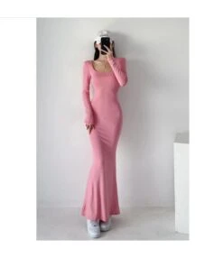 Mermaid Square Neck Slim Long Sleeve Solid Color Maxi Dress Wholesale Dresses SDV463998