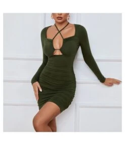 Sexy Halter-Neck Hollow Strap Tight Long Sleeve Bodycon Dress Wholesale Dresses SDN538004