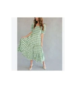 Plaid & Floral Print Lantern Short Sleeve Square Neck Ruffle Smocked Dress Casual Wholesale Maxi Dresses SDN533109