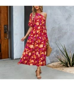 Puff-Sleeved Printed Temperament Elegant One-Shoulder Flowing Dress Wholesale Dresses N4623041900004