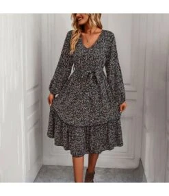 Casual Long-Sleeved Floral Print V-Neck Chiffon Ruffle Dress Wholesale Dresses V5923041200024
