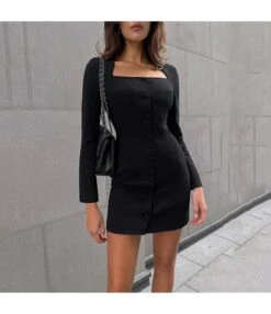 Right Angle Shoulder Button Slim Long Sleeve Commuter Dress Wholesale Dresses N467123032800165