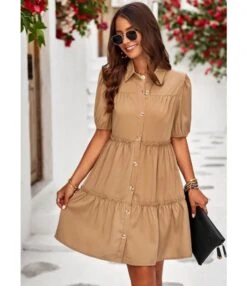 Solid Color Casual Lapel Puff Short Sleeve Smocked Dress Wholesale Dresses N5323032300139 -OTIS Clothing Shop O1CN0148LCQv1ND4kklKkCI 2425141535 0 cib 4
