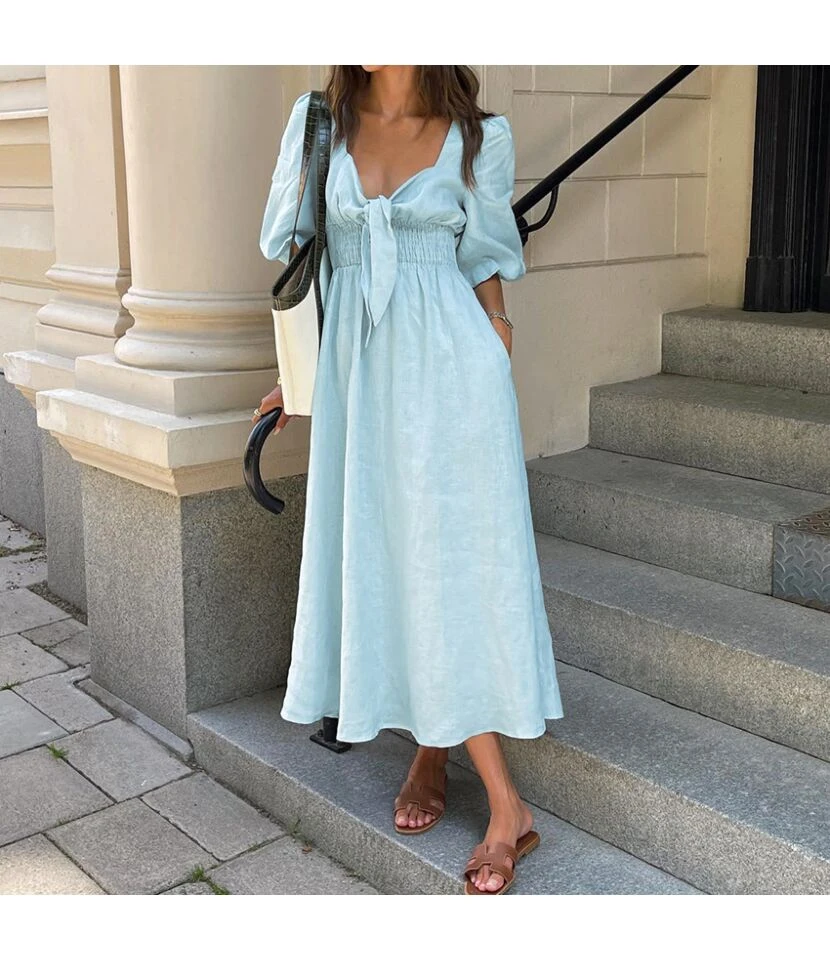 A-Line V-Neck Temperament Solid Color Puff Sleeve Dress Wholesale Dresses N462303280016499 5 A-Line V-Neck Temperament Solid Color Puff Sleeve Dress Wholesale Dresses N462303280016499 - Image 3