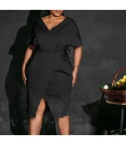 Belt Slit Short Sleeve Pleated Slim Dress Wholesale Dresses N4623050300072