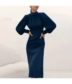 Long Sleeve Solid Color Slim Tie Round Neck A-Line Dress Wholesale Dresses N462302140018613