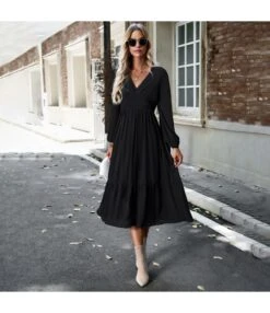 Elegant Solid Color V-Neck Bubble Sleeve Long Dress Wholesale Dresses N5923081800003 -OTIS Clothing Shop O1CN01690cvY1ND4pTDOEMk 2425141535 0 cib 4
