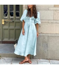 A-Line V-Neck Temperament Solid Color Puff Sleeve Dress Wholesale Dresses N462303280016499