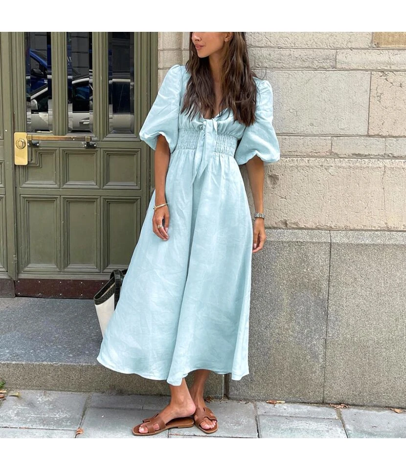 A-Line V-Neck Temperament Solid Color Puff Sleeve Dress Wholesale Dresses N462303280016499 3 A-Line V-Neck Temperament Solid Color Puff Sleeve Dress Wholesale Dresses N462303280016499