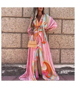 V Neck Ties Single Breasted Printed Loose Dress Wholesale Dresses N462823032800172