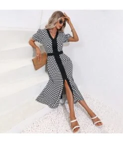 Colorblock Plaid Short Sleeve Stitching Waist Single-Breasted Midi Dress Wholesale Dresses N5323030300071 -OTIS Clothing Shop O1CN01BYQEt41Irlt5fCTjv 1007700947 0 cib