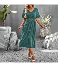 Casual Short-Sleeved Single-Breasted Solid Color V-Neck Long Dress Wholesale Dresses V5923050300060 -OTIS Clothing Shop O1CN01Bq256X1wuaykOor8I 3267756368 0 cib