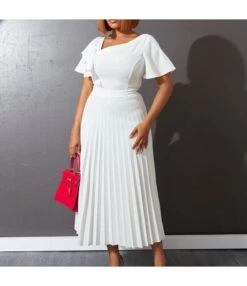 Temperament Solid Color Waist Thin Ruffle Short-Sleeved Pressed Pleated Dress Wholesale Dresses N5323032800165