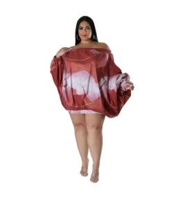 Loose Puff Sleeve One Shoulder Printed Dress Wholesale Plus Size Casual Dresses N3823100900056