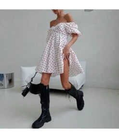 One Word Neck Strapless Heart Print Puff Sleeve Dress Wholesale Dresses N4623070600023