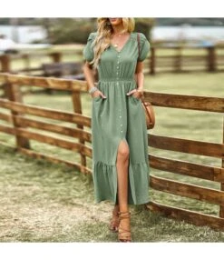 Slit Hollow Simple Short-Sleeved V-Neck Solid Color Dress Wholesale Dresses N463723032300203