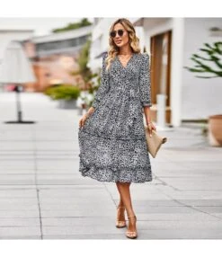 Temperament Elegant Tie-Up Waist V-Neck 3/4 Sleeve Floral Swing Dress Wholesale Dresses N5323022700047 -OTIS Clothing Shop O1CN01FImWJn1ND4lncyBVF 2425141535 0 cib 4