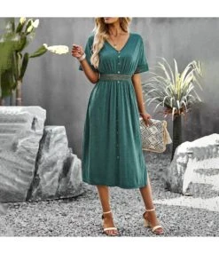 Casual Short-Sleeved Single-Breasted Solid Color V-Neck Long Dress Wholesale Dresses V5923050300060 -OTIS Clothing Shop O1CN01FfVSMA1wuayuGAEHl 3267756368 0 cib