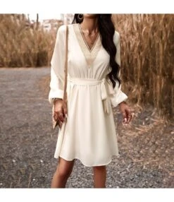 Elegant V-Neck Long Sleeve High Waist Tie Dress Wholesale Dresses N5923082200011