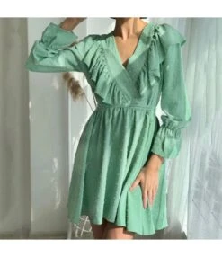 Commuter Ruffled V-Neck Puff Sleeve Solid Color A-Line Dress Wholesale Dresses N463423021400186 -OTIS Clothing Shop O1CN01I8vFqn2GztpLdK1c1 2212501819087 0 cib