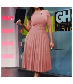 Fashion Solid Color Round Neck Press Pleated Short Sleeve Dress With Belt Wholesale Dresses N5323032800189