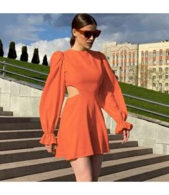 Lantern Sleeve Hollow Solid Color Commuter Niche A-Line Dress Wholesale Dresses N463823021400186 -OTIS Clothing Shop O1CN01JCKizC2GztpKiPPQX 2212501819087 0 cib 3