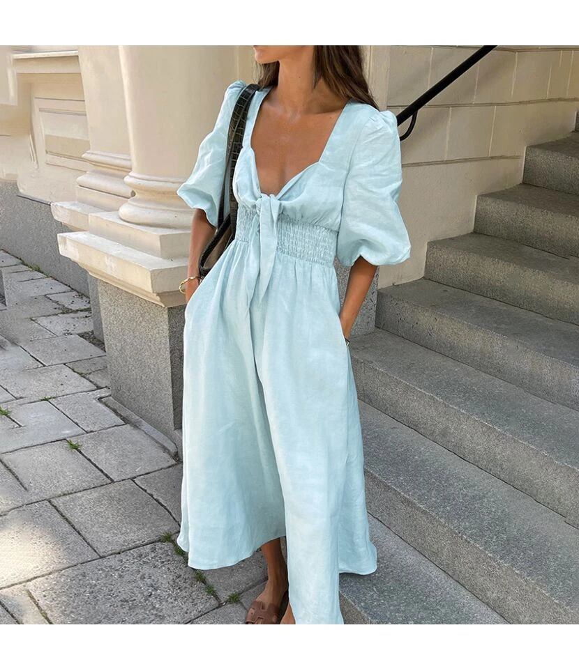 A-Line V-Neck Temperament Solid Color Puff Sleeve Dress Wholesale Dresses N462303280016499 6 A-Line V-Neck Temperament Solid Color Puff Sleeve Dress Wholesale Dresses N462303280016499 - Image 4