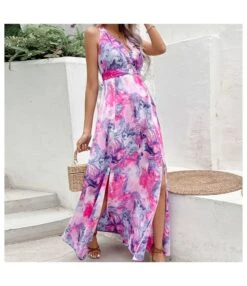 Slim Fit Sleeveless Slit Print V-Neck Dress Wholesale Dresses N4623062700082