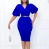 Fashion Bubble Sleeve V-Neck Hip Pencil Dress Wholesale Dresses N5923080800072