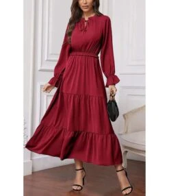 Solid Color Long Sleeve Lace-Up Collar Long Smocked Flowy Dress Wholesale Dresses N5323032300048 -OTIS Clothing Shop O1CN01RWv8KT2EaajAJSz0z 2206894468761 0 cib 5