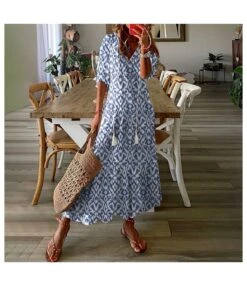 V-Neck Geometric Print Puff Sleeve Tie Dress Wholesale Dresses
