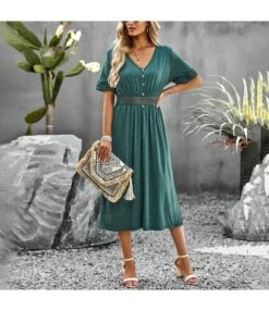 Casual Short-Sleeved Single-Breasted Solid Color V-Neck Long Dress Wholesale Dresses V5923050300060 -OTIS Clothing Shop O1CN01XsiBoI1wuayoSxe2B 3267756368 0 cib