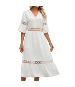 Solid Color V-Neck Hollow Stitching Mid-Sleeve Commuter Dress Wholesale Dresses N4623052500032