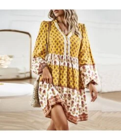 Bohemian Print Long Sleeve V-Neck A-Line Dress Wholesale Dresses