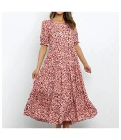 Ruffled Elastic Waist Round Neck Printed Short Sleeve Swing Dress Wholesale Dresses N5323030300109