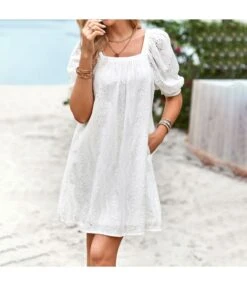 Solid Color Square Collar Puff Sleeve Summer Elegant Hollow Casual Dress Wholesale Dresses N5323030617101