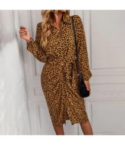 Fashion Long Sleeve Geometric Pattern Print Lace-Up Single-Breasted Dress Wholesale Dresses V5923041200022