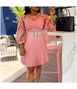 Fashion Solid Color Lace Crochet Hollow Long Sleeve Pleated Dress Wholesale Dresses N5323032800167