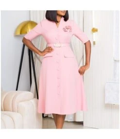 Elegant Solid Color V-Neck Button Down Dress With Belt And Corsage Wholesale Dresses N5923080800064 -OTIS Clothing Shop O1CN01eMUOze26Uci1UX2YN 4225457665 0 cib 6
