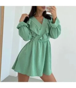 Commuter Ruffled V-Neck Puff Sleeve Solid Color A-Line Dress Wholesale Dresses N463423021400186